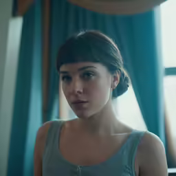 a girl in a tank top sitting by a window