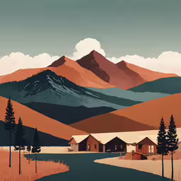 a landscape painting of several houses in the distance with mountains in the background,this is a digital painting of a mountain scene