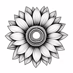 an ink drawing of a sunflower with the center half open,an abstract drawing of a sunflower on a white paper