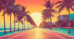 a sunset on an empty road with many palm trees