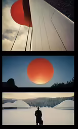 three images showing the same person standing in front of a giant red object