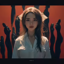 a young woman with long hair and a large white collar shirt is posing in front of a red background