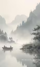 two people on a boat in a misty lake