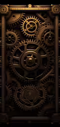 steam clock on black background as art work,a golden pattern made from a bunch of gears