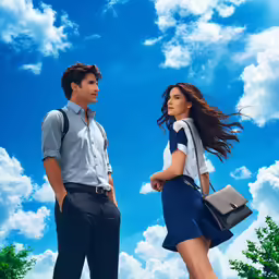 a young man and woman are standing together with a beautiful blue sky in the background