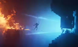 a fireman is holding onto a hose with fire in it