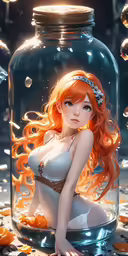 a girl sitting on the ground in front of a glass jar filled with falling orange leaves