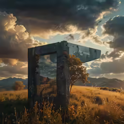 an abandoned entrance on a grassy field under cloudy skies