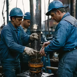 two men in blue helmets are working on a metal pillar