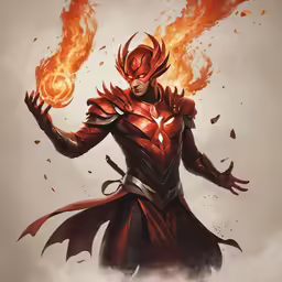 the devil man dressed in an elaborate red outfit holds flames