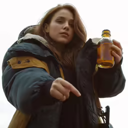 a girl in a black coat holds out a bottle