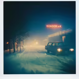 cars are parked on a snow covered street next to a sign