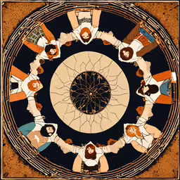 many people standing around a painting that looks like a circular mirror,an artistic photograph with a circle of people