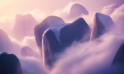 fog and mist cover the rocky peaks of an island