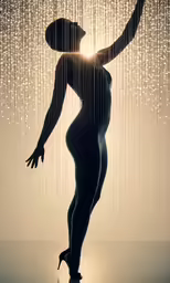 a naked woman standing under a rain filled umbrella