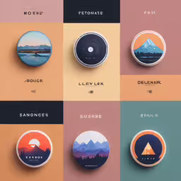 a bunch of different buttons that are made of various materials,a collection of logos that include mountains and trees