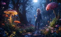a woman stands in front of a forest filled with mushrooms