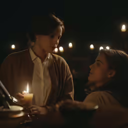 two people standing together looking at each other