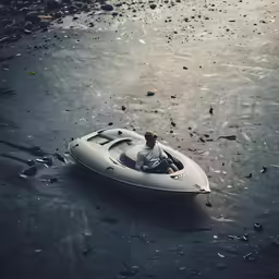 a man riding on top of a boat in the water
