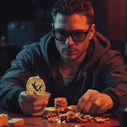 a man with a glass looking at some assorted crackers