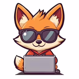 a fox wearing sunglasses sitting in front of a laptop
