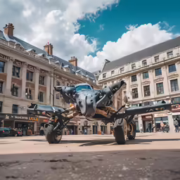 a airplane sits parked in the middle of a courtyard with people walking by