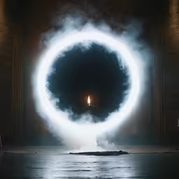 a person in front of a giant cloud filled ball with a candle