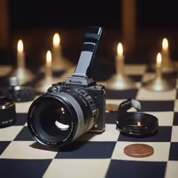 a camera and its surroundings lit up by candles