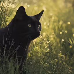 a black cat in a grassy field, with its eyes wide open