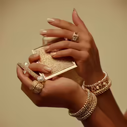 female hands wearing jewelry and holding two purses