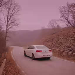 a car driving down the road on a foggy day