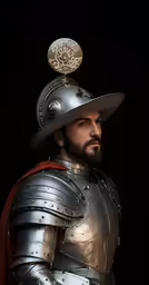 a man in a silver suit with helmet and sword