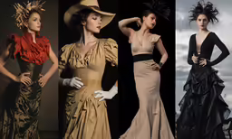 five woman dressed in different gowns and hats
