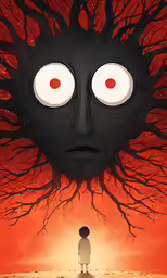a painting of a person standing next to a red tree with eyes