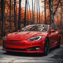 a red car is parked in the middle of a road surrounded by trees
