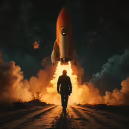 a man in an orange jacket standing in front of an airplane