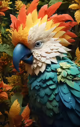 a brightly colored parrot is standing among leaves