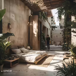 a person walks into a bedroom on the side of an alley