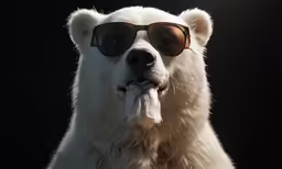 a polar bear with sunglasses licking a treat in the dark