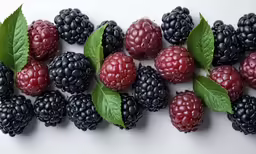 raspberries, blueberries and other berries are arranged on a table