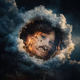a woman with blue eyes is poking her head out from a cloud like hole