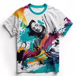 the shirt is on a white surface and has multiple colors