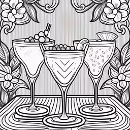 a coloring page with cocktail glasses and grapes,a table topped with three glasses of drink