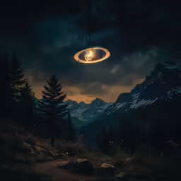 there is a light in the sky above a dark mountain