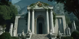 a building with arches, pillars and an arch has flowers on it