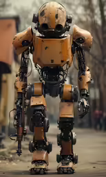a large robot in a street setting with many things behind it