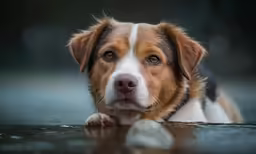 a small brown and white dog is laying down on the ground