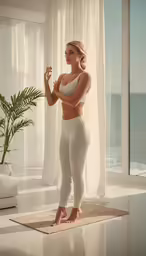 a woman posing in white underwear, standing on a yoga mat and wearing white sandals