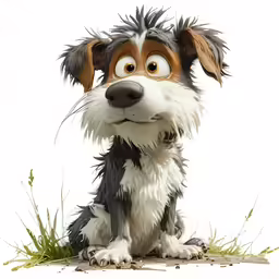 a dog that is wearing eye contact with grass in front of it