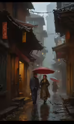 two people walk in the rain under their umbrellas